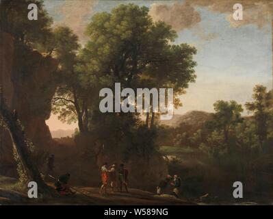 Paysage avec le baptême de l'eunuque, paysage avec le baptême du Chamberlain. Paysage vallonné avec des roches couvertes par une rivière ou un lac. L'apôtre Philippe baptise le chamberlain dans l'eau de la rivière. Sur la gauche est le chariot et l'autre bord sont regarder, Philip baptise l'eunuque, Herman van Swanevelt, Rome, 1630 - 1639, la toile, la peinture à l'huile (peinture), h 98,1 cm × w 130,2 cm × t 3,7 cm d 7,1 cm Banque D'Images
