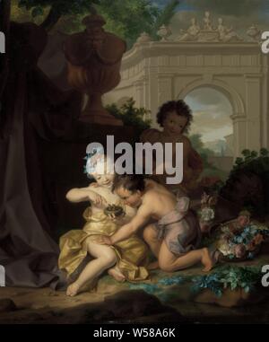 Trois enfants jouant avec un nid d'oiseau, dans un paysage avec une porte classique, une fille avec une tête couleur or robe et des fleurs dans ses cheveux d'un garçon avec un châle mauve penché sur elle, sur un nid d'oiseau avec deux oiseaux. Derrière eux, un sourire espiègle garçon dans l'ombre pointant sur eux. À côté de l'enfant est un panier de fleurs. Une couronne de fleurs tressées se bloque autour d'un buste, éventuellement de Priape. À gauche du centre est un vase décoratif classique sur un piédestal. Des rideaux d'un violet foncé accroché dans un arbre ferme la scène sur la gauche., enfant jouant avec des animaux, jardin vase, Isaac Banque D'Images
