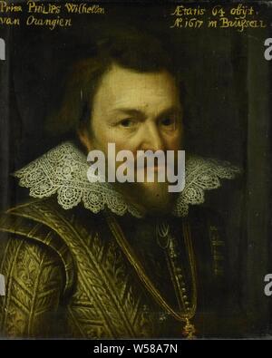 Portrait du prince Philip William d'Orange, Portrait de Willem Philips (1554-1618), Prince d'Orange. Buste à droite. Partie de la série de portraits de la Stadhouderlijk Hof à Leeuwarden, Philip Willem (Prince d'Orange), Michiel Jansz van Mierevelt (atelier de), ch. 1609 - c. 1633, tableau de bord, de la peinture à l'huile (peinture), support : h 29,8 cm × 24,1 cm w t 0.9, 3.0 d Banque D'Images