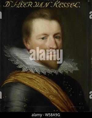 Portrait de Willem Adriaen, comte van Hornes, seigneur de Kessel et Westwezel, général de l'Artillerie, Portrait de Willem Adriaen ( ? -1625), comte de Hornes, seigneur de Kessel et Westwezel. Général de l'artillerie au service de l'État, gouverneur de Heusden (1625). Buste à droite, en armure. Partie de la série de portraits de la Stadhouderlijk Hof à Leeuwarden, Jan Antonisz van Ravesteyn (atelier de), ch. 1616 - c. 1633, tableau de bord, de la peinture à l'huile (peinture), support : h 29,1 cm × w 24 cm d 1 cm Banque D'Images