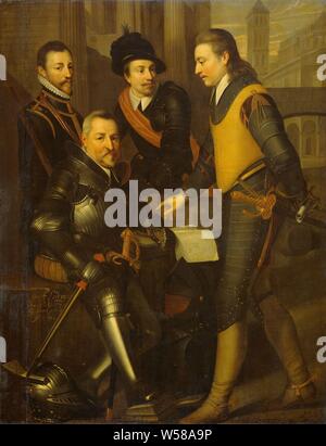 Portrait de groupe des quatre frères de Guillaume I, Prince d'Orange : Jan (1535-1606), Hendrik (1550-74), Adolf (1540-68) et Lodewijk (1538-74), comtes de Nassau, les quatre chefs de Nassau-Dillenburg, les frères de Guillaume I, Prince d'Orange : Jan l'ancien (assis) Hendrik, Adolf et Louis. Représenté sur un fond d'architecture. Sur la table entre eux est une carte, sur le terrain de casques et de pièces d'armure. Jan a un combat hammer dans ses mains, je Willem Frederik (Roi des Pays-Bas), Johan VI comte de Nassau-Dillenburg, Hendrik comte de Nassau, Graf Adolf de Nassau, Louis comte Banque D'Images