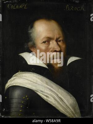 Portrait de Sir William Brog, le colonel de la vieille garde Scotch, Portrait de Sir William Brog (gest. 1636). À partir de 1588 Le Colonel de l'État écossais brigades en service. Buste à droite, en armure. Partie de la série de portraits de la Stadhouderlijk Hof à Leeuwarden., Jan Antonisz van Ravesteyn (atelier de), ch. 1609 - c. 1633, tableau de bord, de la peinture à l'huile (peinture), support : H 30 cm × 24 cm w t 1 cm Banque D'Images