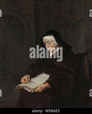 Vieille Femme méditant, une vieille femme se lit en position assise sur une chaise à partir d'un livre. Elle utilise des lunettes dans sa main droite pour lire le texte, vieille femme, la lecture, les lunettes, les lunettes, le livre - MM - livre ouvert, Gabriel Metsu, ch. 1661 - c. 1663, tableau de bord, de la peinture à l'huile (peinture), h 27,3 cm × w 23,2 cm Banque D'Images