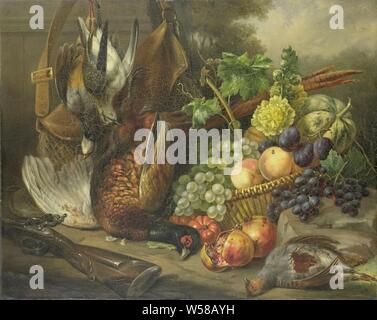 Still Life Still Life, avec des fruits et de la volaille. Au milieu d'un panier en osier avec raisins, prunes, pêches, un melon, grenades et une branche de la mauve. Il y a également plusieurs oiseaux morts, y compris un faisan. Au premier plan à gauche un fusil, laissant derrière elle un Iosetta weitas., Elisabeth Hoopstad, 1842, toile, de la peinture à l'huile (peinture), h 74,1 cm × 92,8 cm × w t 3,6 cm d 10,5 cm Banque D'Images