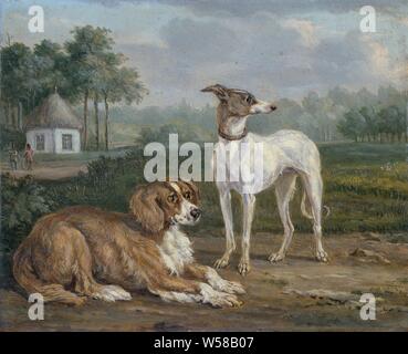 Deux chiens, deux chiens : un spaniel ( ?) et un chien lévrier, Jan. Dasveldt, 1810 - 1855, de bord, de la peinture à l'huile (peinture), h 14,7 cm × w 18 cm d 7 cm Banque D'Images