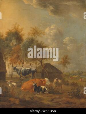 Paysage avec animaux, paysage avec le bétail. Vaches, chèvres et moutons dans un champ derrière une batterie, sur la droite une grange., Monogrammist IL (schilder), ch. 1700 - c. 1799, la toile, la peinture à l'huile (peinture), h 69,7 cm × 56,1 cm × w t 3,8 cm d 7,1 cm Banque D'Images