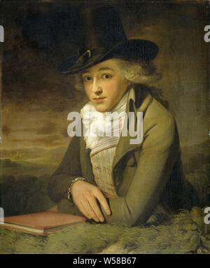 Portrait de Jacob Willemsz. De Vos, Portrait de Jacob de Vos Willemsz. (1774-1844) dans un paysage. L'homme est montrée dans la moitié du corps, s'appuyant sur une colline herbeuse sur laquelle un livre se trouve juste en face de ses bras. Il porte une veste, gilet rayé, une écharpe blanche et un haut chapeau noir, Jacob Willemz. Le Fox, anonyme, Nederlanden, ch. 1795, la toile, la peinture à l'huile (peinture), h 74,5 cm × w 63,0 cm d 9 cm Banque D'Images