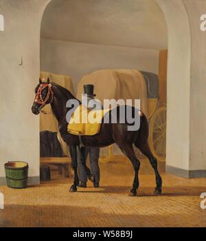 Adriaan van der Hoop's Trotter 'La Rot' à l'Auberge, le disque trotter la pourriture par Adriaan van der Hoop à la chambre d'entraîneur, le cheval ou le 'trotter Rot' par Adriaan van der Hoop à la chambre d'entraîneur avec une couverture sur le dos. Dans l'arrière-plan un homme par un chariot, sur la gauche un seau, coach interne, cheval, Anthony Oberman, 1828, toile, de la peinture à l'huile (peinture), H 61 cm × w 54,5 cm Banque D'Images