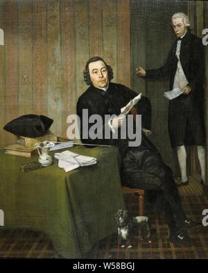 Köhne Wernerus (1725 / 26-88), notaire de Haarlem, avec son Greffier Jan Bosch, Portrait de Wernerus Köhne, notaire à Haarlem, avec son serviteur Jan Bosch. Le notaire est assis avec un papier dans sa main à une table sur laquelle son chapeau et le tuyau, livres et documents se trouvent. Il y a un chien à ses pieds., Wybrand Hendriks, 1787, toile, de la peinture à l'huile (peinture), H 63 cm × w 51 cm d 7,5 cm Banque D'Images