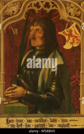 Portrait de Henry IV de Naaldwijk (c.1430-96), Chevalier et héréditaires de Marshall en Hollande. S'agenouiller en armure, un livre en face de lui. Haut à droite le blason de la famille., anonyme, Noord-Nederland (peut-être), ch. 1500 - c. 1506, tableau de bord, de la peinture à l'huile (peinture), support : h 79,9 cm × 54,4 cm w t 2,0 cm d 6,0 cm Banque D'Images