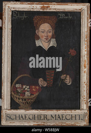 Schaegher Maecht, vieille peinture d'une dame tenant un panier de fleurs, huile sur toile, ca. 16ème siècle, cadre photo, h 52,1 cm × 37,6 cm × w d 2,8 cm h 42,2 cm × w 30,3 cm Banque D'Images