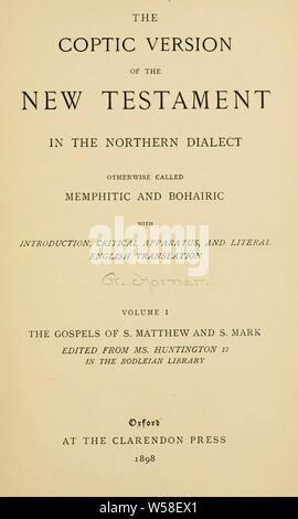 La version copte du Nouveau Testament dans le nord de la dialect : Horner, George William, 1849 Banque D'Images