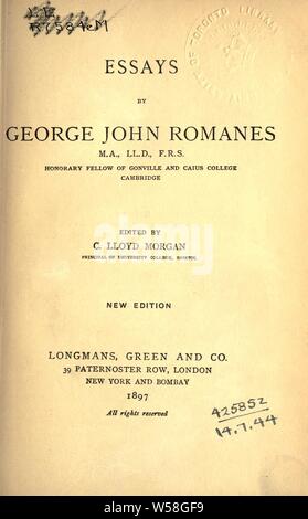 Des essais. Édité par C. Lloyd Morgan : Romanes, George John, 1848-1894 Banque D'Images