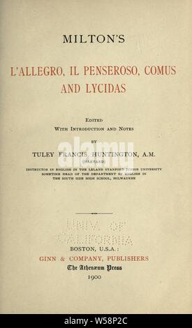 Milton's L'Allegro, Il penseroso, Comus, et Lycidas : Milton, John, 1608-1674 Banque D'Images