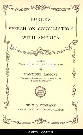 Discours sur la conciliation avec l'Amérique ; : Burke, Edmund, 1729-1797 Banque D'Images