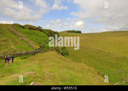 Mur d'Hadrien, le long de falaises de Peel à l'acier Rigg, UNESCO World Heritage Site, mur d'Hadrien, chemin, près de Hexham, Parc National de Northumberland, en Angleterre. Banque D'Images