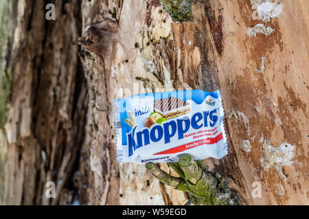 Lodz, Pologne, janvier 2017 : Knoppers sandwich waffle rempli de crème de lait et de nougat. Produit par August Storck KG, depuis 1983 Banque D'Images