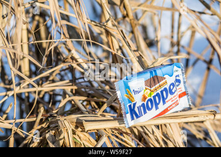 Lodz, Pologne, janvier 2017 : Knoppers sandwich waffle rempli de crème de lait et de nougat. Produit par August Storck KG, depuis 1983 Banque D'Images