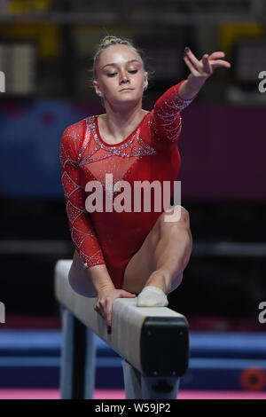 24 juillet 2019, Lima, Pérou : RILEY MCCUSKER de la pratiques des États-Unis à la poutre lors de la formation podium avant la compétition tenue à la Jose Carlos Villa El Salvador à Lima, Pérou. Credit : Amy Sanderson/ZUMA/Alamy Fil Live News Banque D'Images