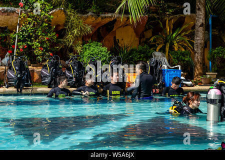 Des cours de plongée dans une piscine de l'hôtel, Alona Beach, Bohol, Philippines Banque D'Images