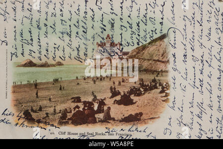 Cliff House et Seal Rocks à San Francisco California USA dans une carte postale postée en 1908 vintage, avec longue main message écrit sur l'avant Banque D'Images