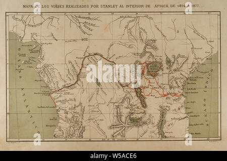 Exploration et à la cartographie du fleuve Congo (1874-1877). Henry Morton Stanley. Il a parcouru l'Afrique centrale explorer le lac Victoria et le lac Tanganyka navigation dans le fleuve Congo. L'Afrique, inexplorada el Continente Misterioso par Henry Morton Stanley, ch. 1887. Banque D'Images