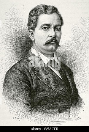 Henry Morton Stanley (1841-1904). Portrait avant son départ pour l'Afrique (à partir d'une photographie prise en Angleterre en 1874). Dessin par Etienne Ronjat (1822-1922). Gravure par Hildibrand. L'Afrique, inexplorada el Continente Misterioso par Henry Morton Stanley, ch. 1887. Banque D'Images