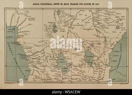 L'Afrique équatoriale selon le plan dessiné par Dapper en 1616. L'Afrique, inexplorada el Continente Misterioso par Henry Morton Stanley, ch. 1887. Banque D'Images