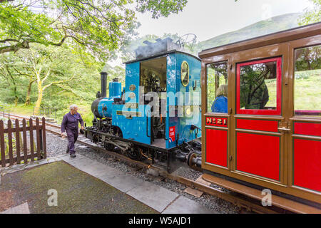 Le 1918 0-4-0WT loco de vapeur a 'hot rod' arrête sur Dolgoch station sur la Talyllyn - le premier chemin de fer du patrimoine préservé, Gwynedd, Pays de Galles, Royaume-Uni Banque D'Images