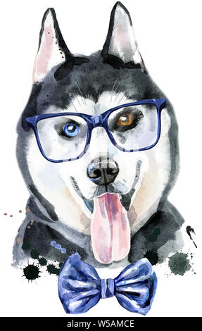 Joli chien avec nœud papillon et des lunettes. T-shirt chien graphiques. husky aquarelle Banque D'Images