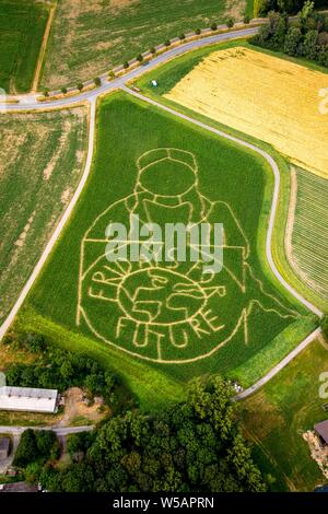 Vue aérienne de l'avenir VENDREDI POUR emblème avec l'activiste climatique Greta Thunberg comme labyrinthe de maïs sur un champ de Cappenberg, Selm, Ruhr, Nord Banque D'Images