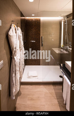 Une salle de bains récemment rénovées dans un hôtel chic avec une cabine de douche et des peignoirs dans une pièce lumineuse Banque D'Images