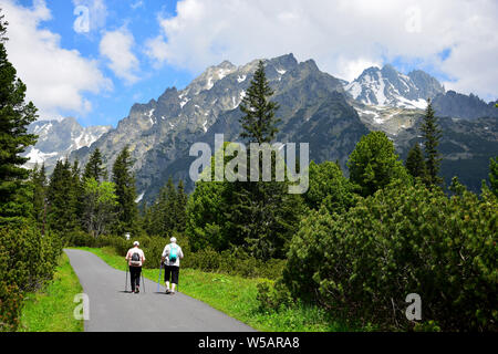 Deux personnes âgées avec des cannes de marche sur le chemin de Popradske pleso, avec les montagnes des Hautes Tatras, à venir. La Slovaquie. Banque D'Images