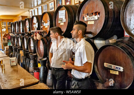 Sherry de barils pour le célèbre Bodega authentique Antigua Casa de la Guardia winery et taverne à Málaga, Andalousie, Espagne Banque D'Images