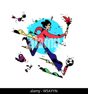 Un personnage est en marche avec un chalumeau. Vector illustration. L'employé de bureau est en cours d'exécution. Jeux de sports. Illustration pour un site web ou l'impression. Un Banque D'Images