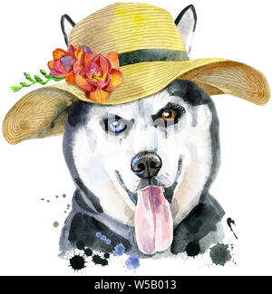 Joli chien avec chapeau d'été avec le freesia. T-shirt chien graphiques. husky aquarelle Banque D'Images