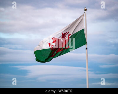 Drapeau national du pays de Galles sur mât à Swansea. Aussi connu comme 'Y Ddraig Goch' 'le dragon rouge'. Pays de Galles, Royaume-Uni. Banque D'Images