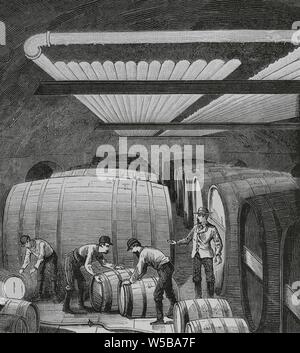 Aplicación del Frío a la industria. Sistema del físico - suizo Raoul Pictect. Vista del interior de una gran fábrica de cerveza. Las máquinas de Raoul Pictect se emplean para las Fábricas de hielo, para estanques, margarinerías patinar, lecherías, tratamientos de los petróleos y aceites densos, concentración de vinos, enfriamientos de paramètres régionaux, almacenes para la conservacón de las carnes y pescados, su transporte, etc. la gravure. La Ilustración Española y Americana, 22 de abril de 1883. Banque D'Images