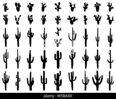 Silhouettes noires de différents cactus sur fond blanc Banque D'Images