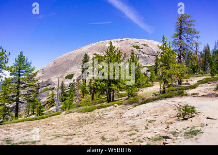 Vue vers Sentinel dome de la sentier de randonnée pédestre, Yosemite National Park, la Sierra Nevada, en Californie Banque D'Images