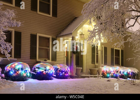 Couvert par la neige fraîche cour avant de la maison privée décorée pour les vacances hivernales. Scène de nuit avec brillants dans l'obscurité des buissons, enveloppé par gar Banque D'Images