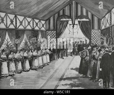 El príncipe heredero Friedrich Wilhelm Nikolaus Karl von Preuben (1831-1888), Federico futuro III de Alemania, de visita un Valencia, España. Recibimiento por las autoridades en el pabellón-desembarcadero del Grao, el 22 de noviembre de 1883. Dibujo de Juan Comba. Gravure por Bernardo Rico (1825-1894). La Ilustración Española y Americana, 30 de noviembre de 1883. Banque D'Images