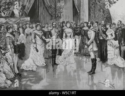 El príncipe heredero Friedrich Wilhelm Nikolaus Karl von Preuben (1831-1888), Federico futuro III de Alemania, de visita un Madrid, España. Baile de corte en la Noche del 30 de noviembre de 1883. El rigodón de l'honneur. Naturel del dibujo por Comba. Gravure par Rico. La Ilustración Española y Americana, 8 de diciembre de 1883. Banque D'Images