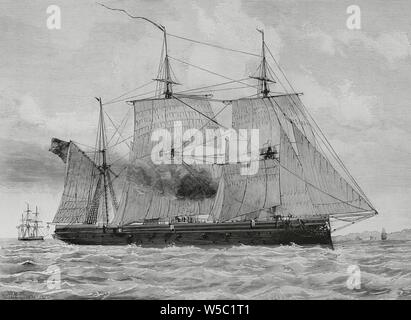 Marina Imperial Alemana (Kaiserliche Marine). La corbeta 'Prinz Adalbert', en la que realizó su viaje, desde Génova a Valence, el príncipe heredero de Alemania, Friedrich Wilhelm Nikolaus Karl Von Preuben. Dibujo de Cortellini Sánchez. Gravure por Capuz. La Ilustración Española y Americana, 22 de noviembre de 1883. Banque D'Images