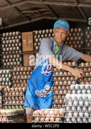 ED-Bankgok, Thaïlande - 2019-30-13 - Fournisseur d'oeufs en carton de déchargement arrière de camion. Banque D'Images