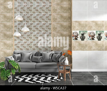Salon intérieur avec texture mur classique de carreaux de granit noir sur fond carrelage,dessins minime, rendu 3D Banque D'Images