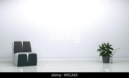 Fauteuil gris et plante sur mur blanc fond vide. Le rendu 3D Banque D'Images