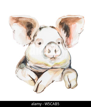 Tête de porc à la main à l'Aquarelle illustration. Croquis peint isolé sur fond blanc Banque D'Images