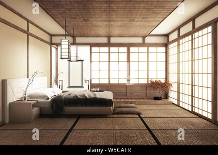 Luxe intérieur chambre à coucher moderne de style japonais, des maquettes, de la conception la plus belle. Le rendu 3D Banque D'Images