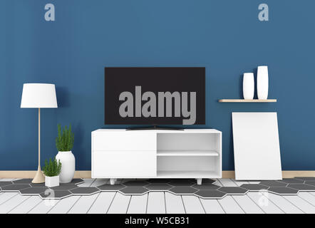 Smart TV avec écran vide noir accroché sur le design du cabinet, salon moderne avec un mur bleu foncé et blanc carreaux hexagonaux sur plancher en bois. Renderin 3d Banque D'Images